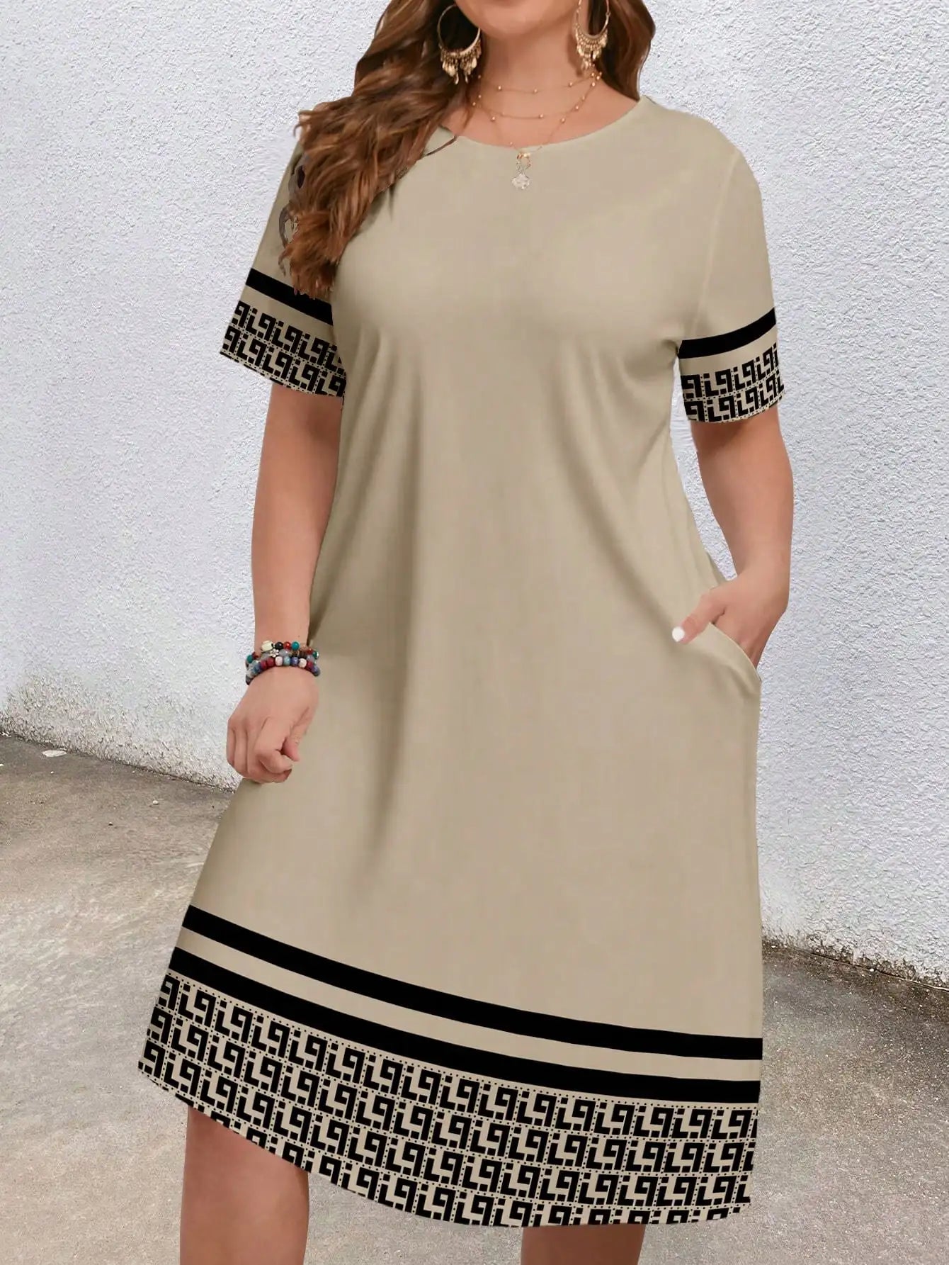 Plus Size Geometric Ethnic Print Pocket Dress