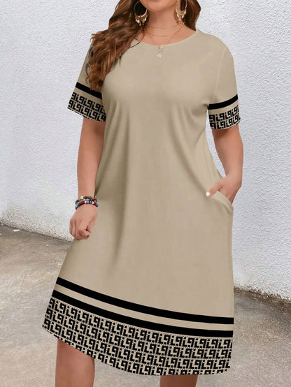 Plus Size Geometric Ethnic Print Pocket Dress