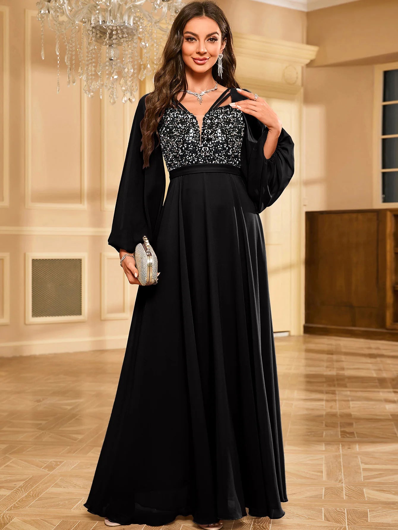 UNITHORSE Glitter Lantern Sleeve Party Dress