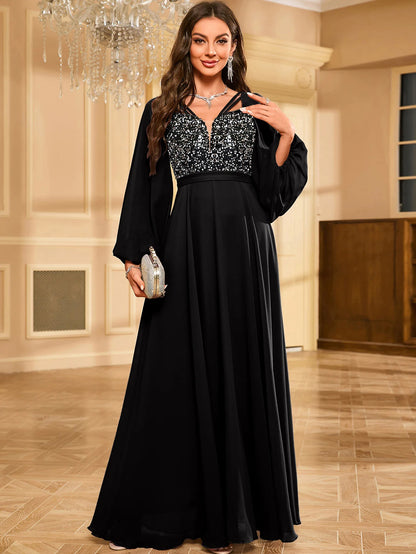 UNITHORSE Glitter Lantern Sleeve Party Dress