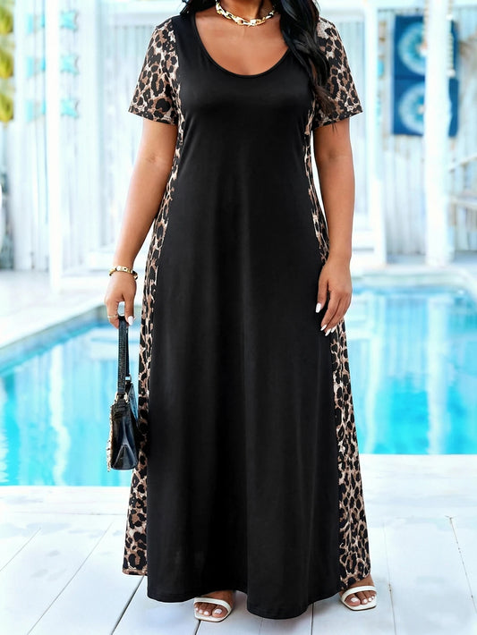 Plus Size Leopard Print Maxi Dress with Pockets