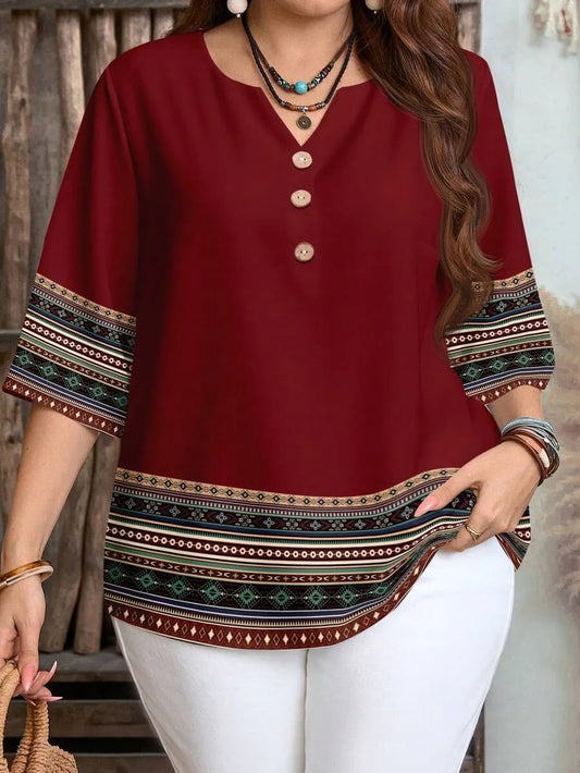 Plus Size Retro Print Button-Up Casual Shirt