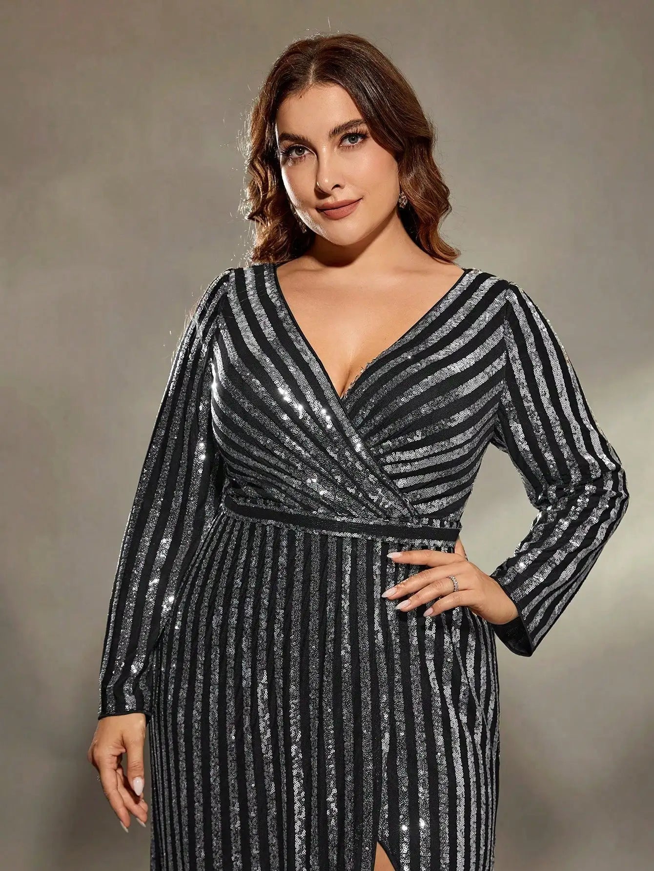 Mgiacy V-Neck Sequin Slit A-Line Maxi Dress