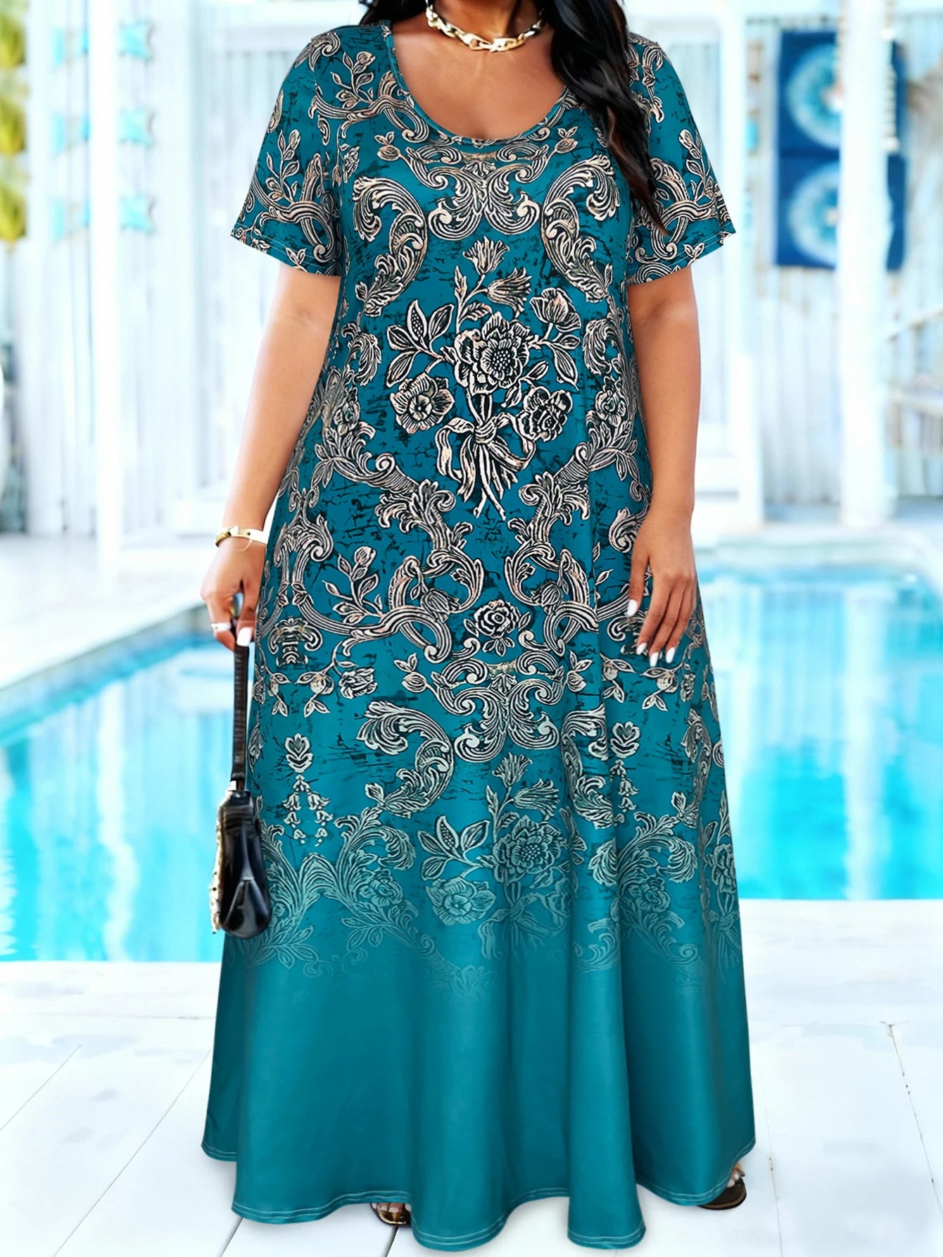 Plus Size Teal Floral Print Maxi Sundress