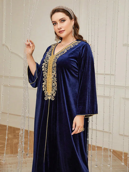 TOLEEN Plus Size Lace Velvet Abaya Maxi Dress