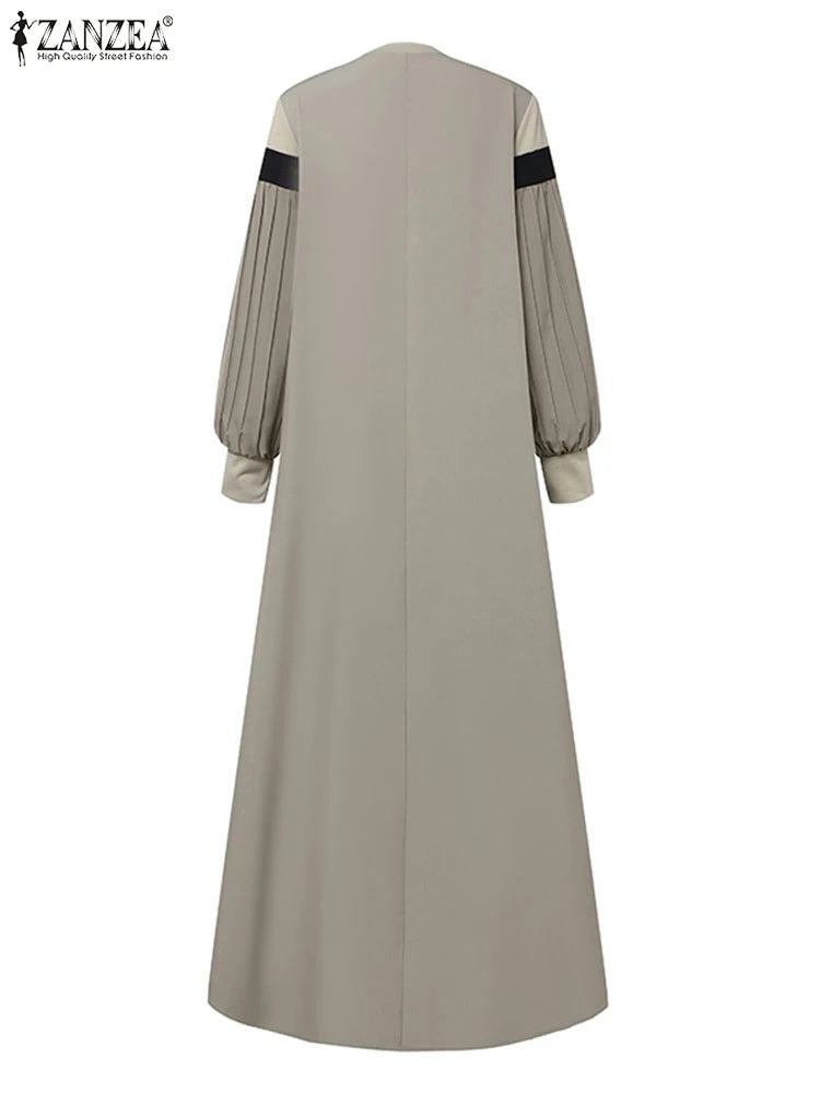 ZANZEA Autumn Women Muslim Dress Turkey Abaya Elegant Long Lantern Sleeve Patchwork Sundress Pleated Vestidos Islamic Dubai Robe