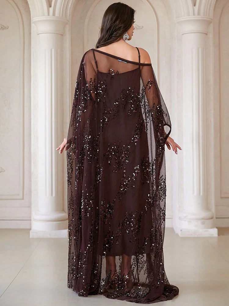 TOLEEN Sequin Ruffle Batwing Sleeve Robe Dress