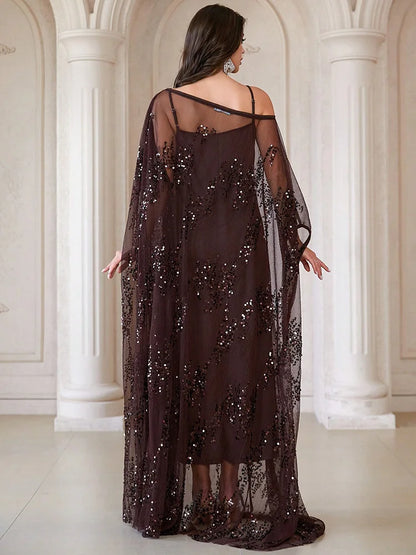 TOLEEN Sequin Ruffle Batwing Sleeve Robe Dress