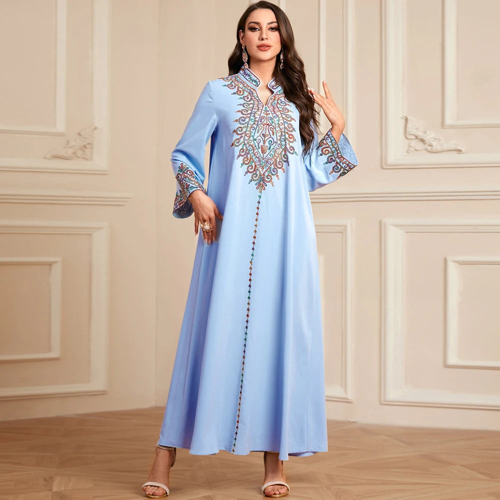 Embroidered V-Neck Dubai Abaya Jalabiya Dress for Women