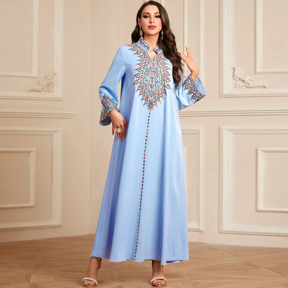 Embroidered V-Neck Dubai Abaya Jalabiya Dress for Women