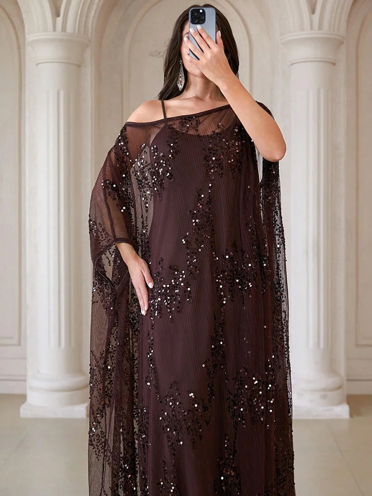 TOLEEN Sequin Ruffle Batwing Sleeve Robe Dress