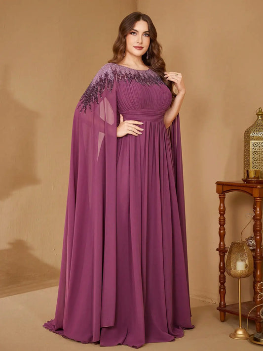 UNITHORSE Plus Size Sequin Cape Sleeve Evening Dress
