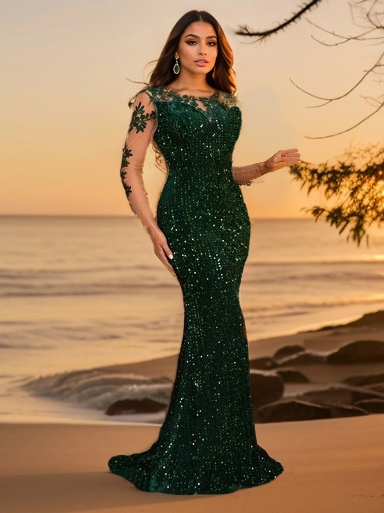 Romagic Floral Sequin Backless Evening Gown for Women