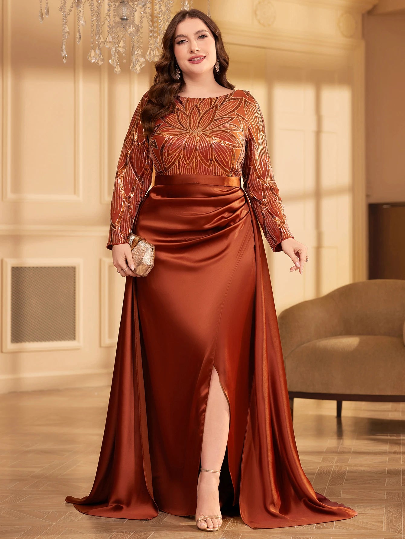 UNITHORSE Sequin Satin Appliqué Evening Dress