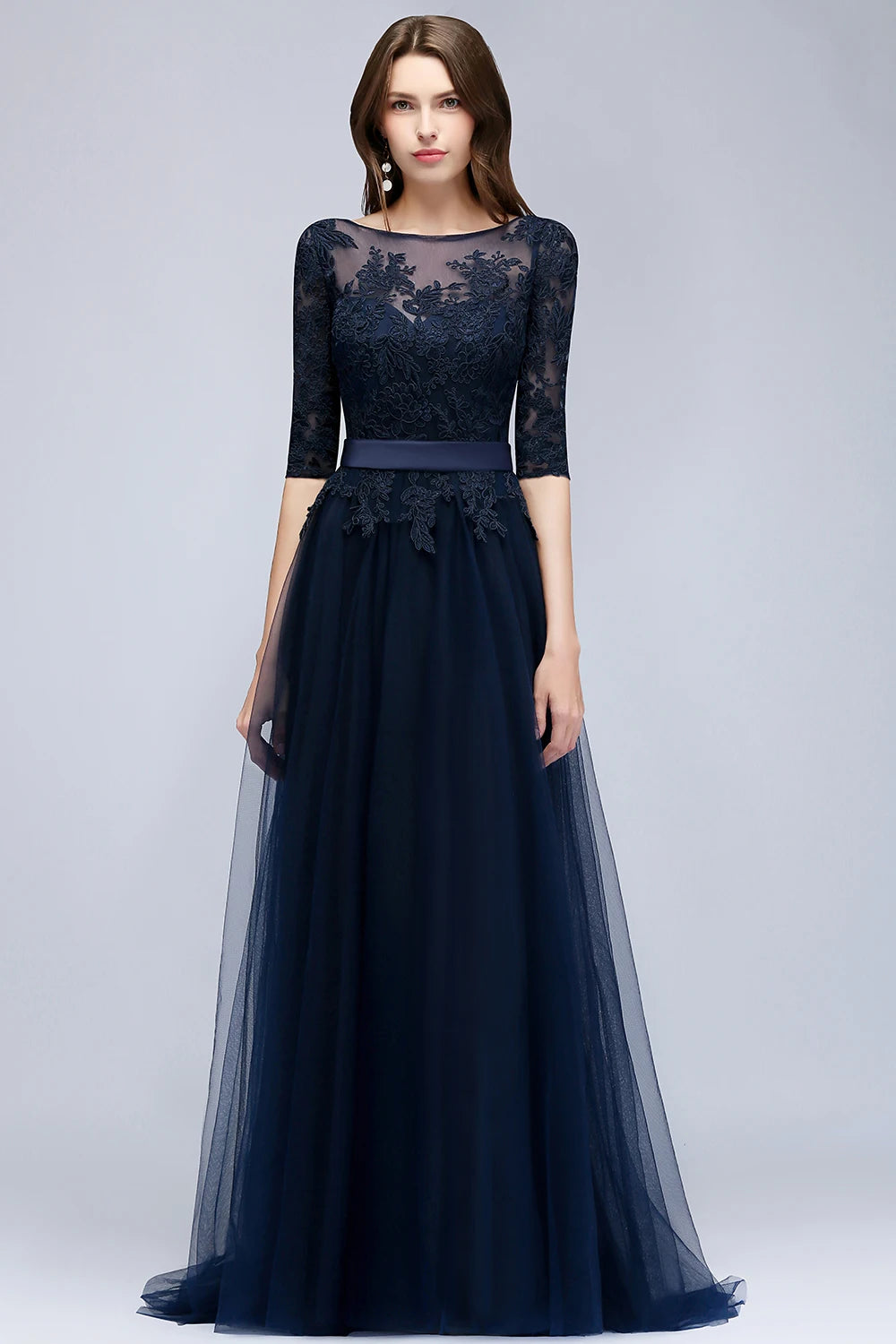 Navy Blue Lace Appliqué Tulle Evening Gown for Women