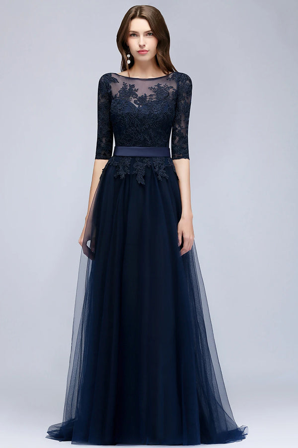 Navy Blue Lace Appliqué Tulle Evening Gown for Women