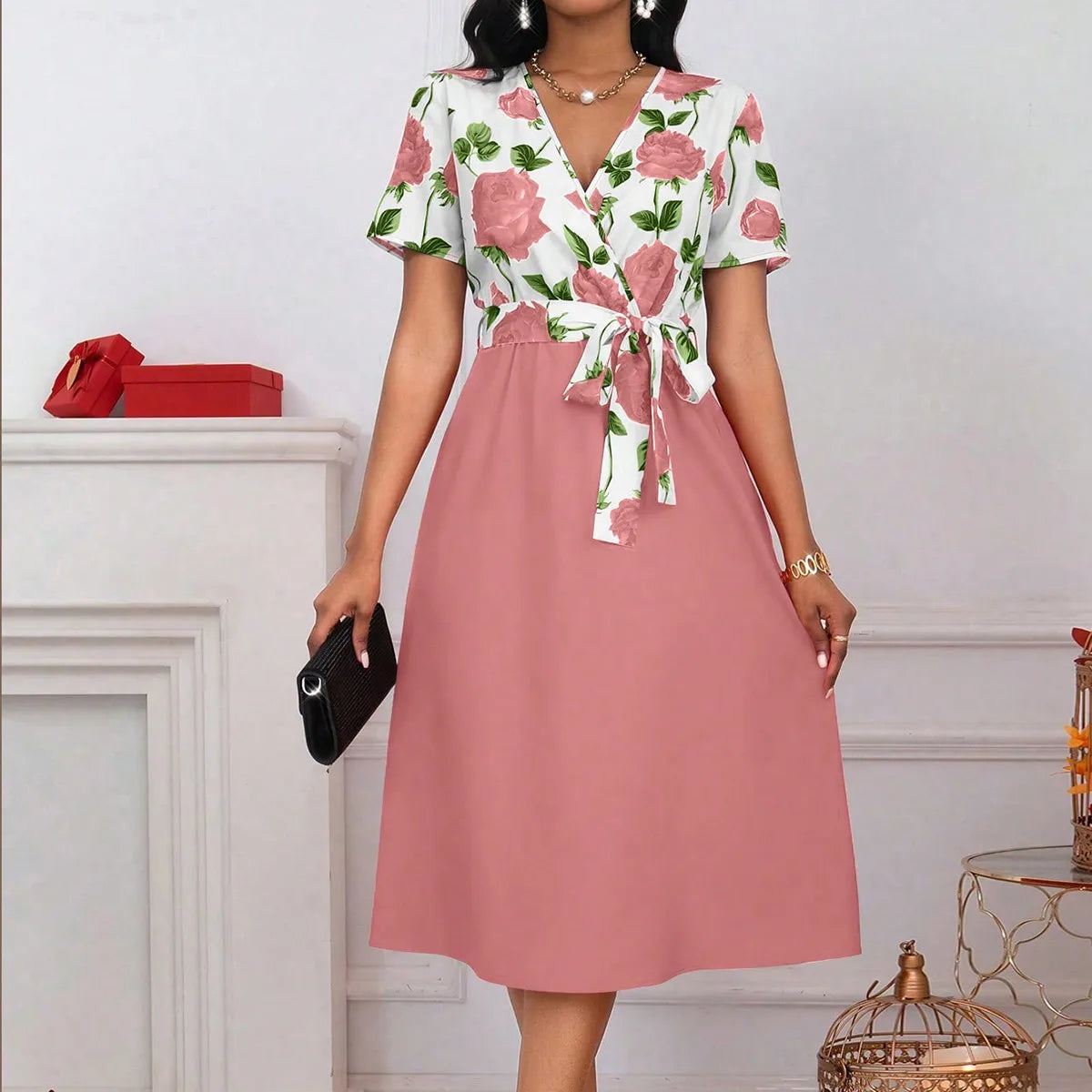 Women’s Floral Print Tie Waist Midi Dress