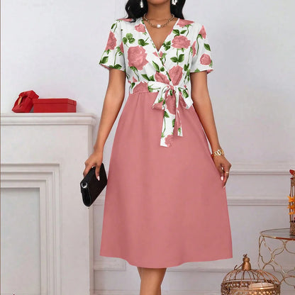 Women’s Floral Print Tie Waist Midi Dress