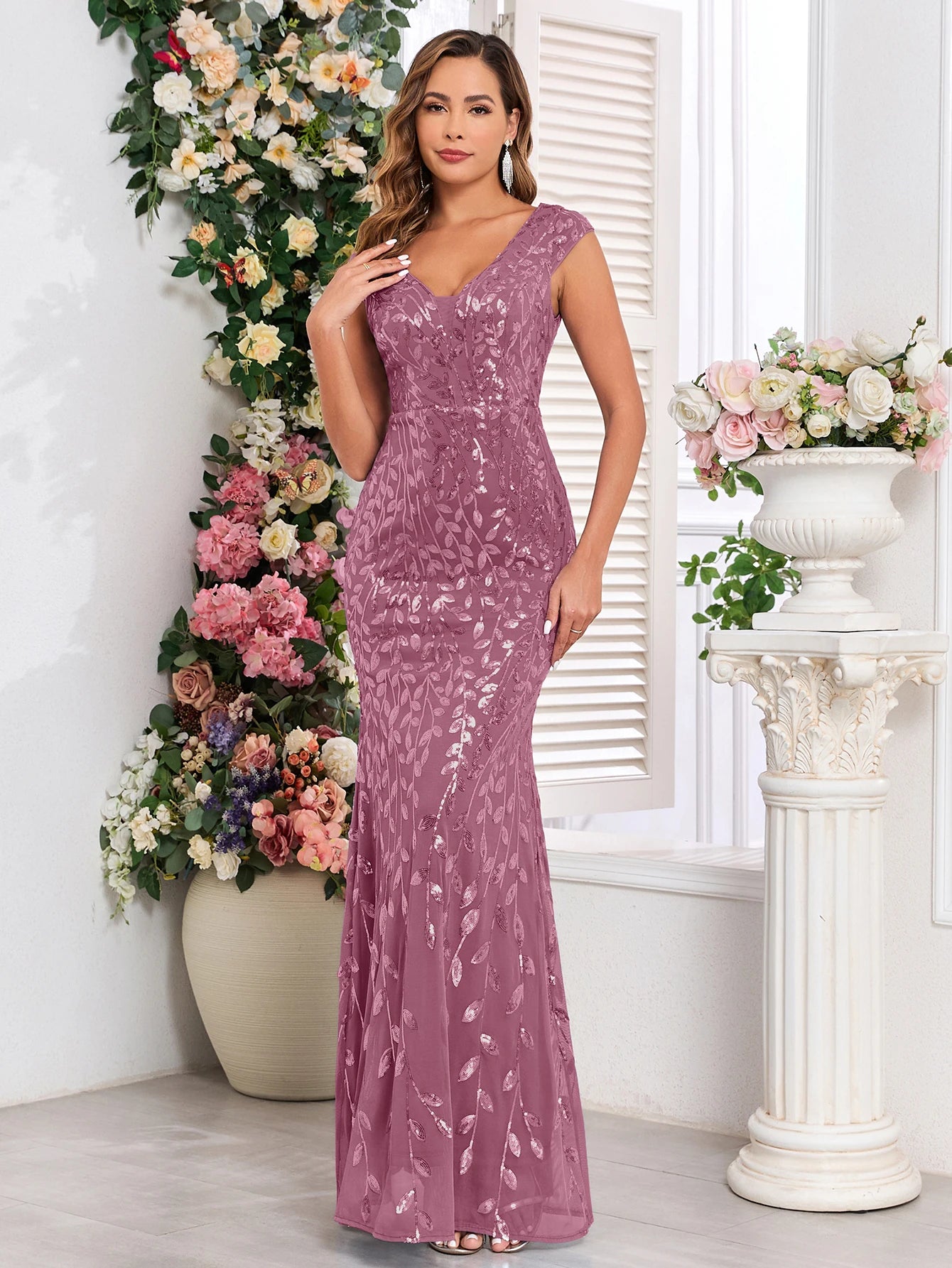 Elegant V-Neck Sequin Mermaid Evening Gown for Women