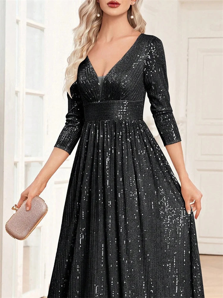 Luxury Blue Sequin V-Neck Evening Gown for Women