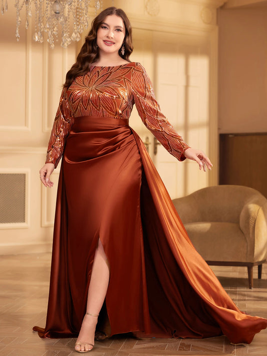 UNITHORSE Sequin Satin Appliqué Evening Dress