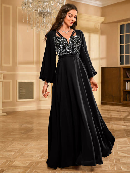 UNITHORSE Glitter Lantern Sleeve Party Dress