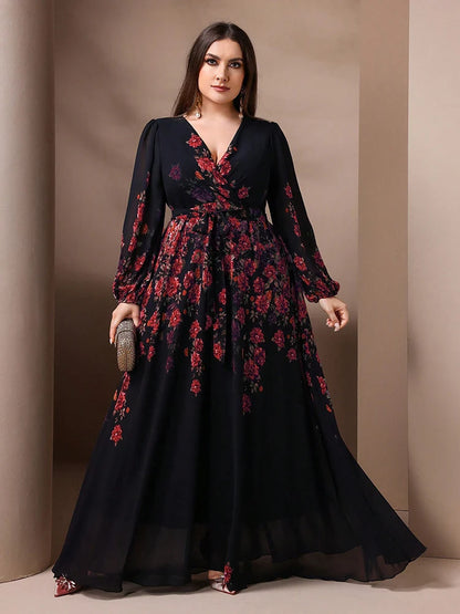 TOLEEN Plus Size Floral Print V-Neck Maxi Dress