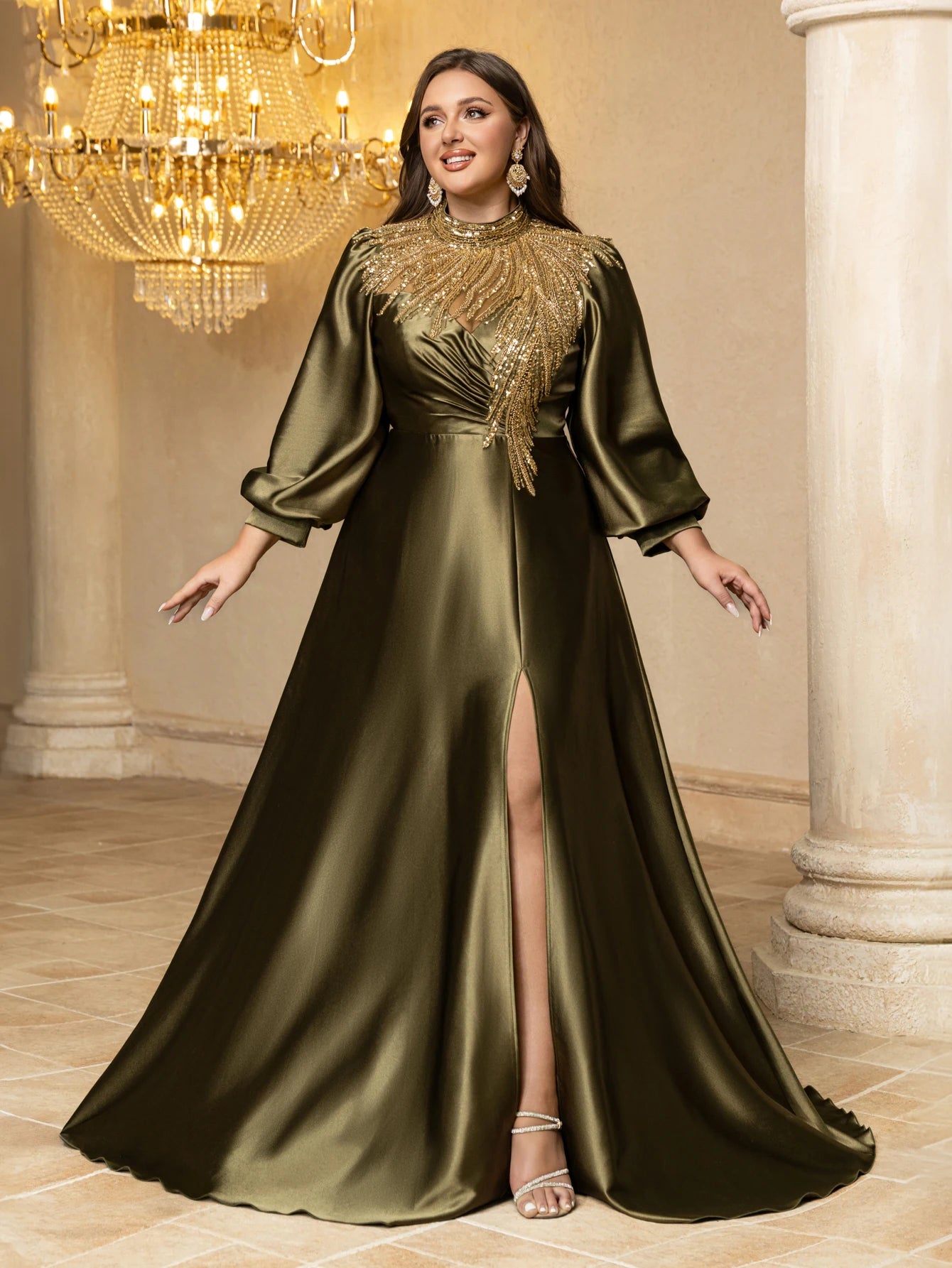 UNITHORSE Plus Size Beaded Sequin Satin Formal Dress