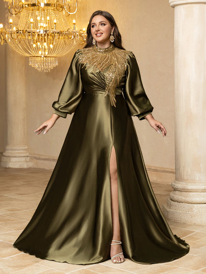 UNITHORSE Plus Size Beaded Sequin Satin Formal Dress
