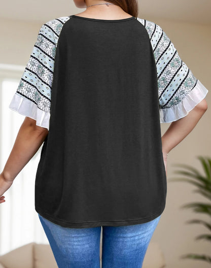 Plus Size V-Neck Patchwork Ruffle T-Shirt