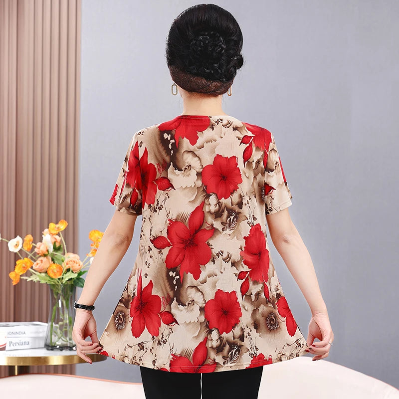 Plus Size Floral Print Pleated T-Shirt