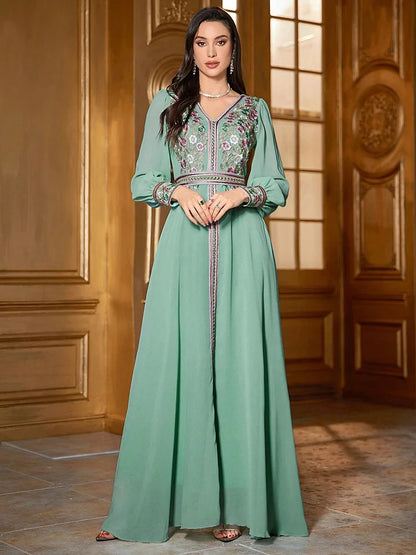 TOLEEN Luxury Floral Embroidery Kaftan Jalabiya Dress