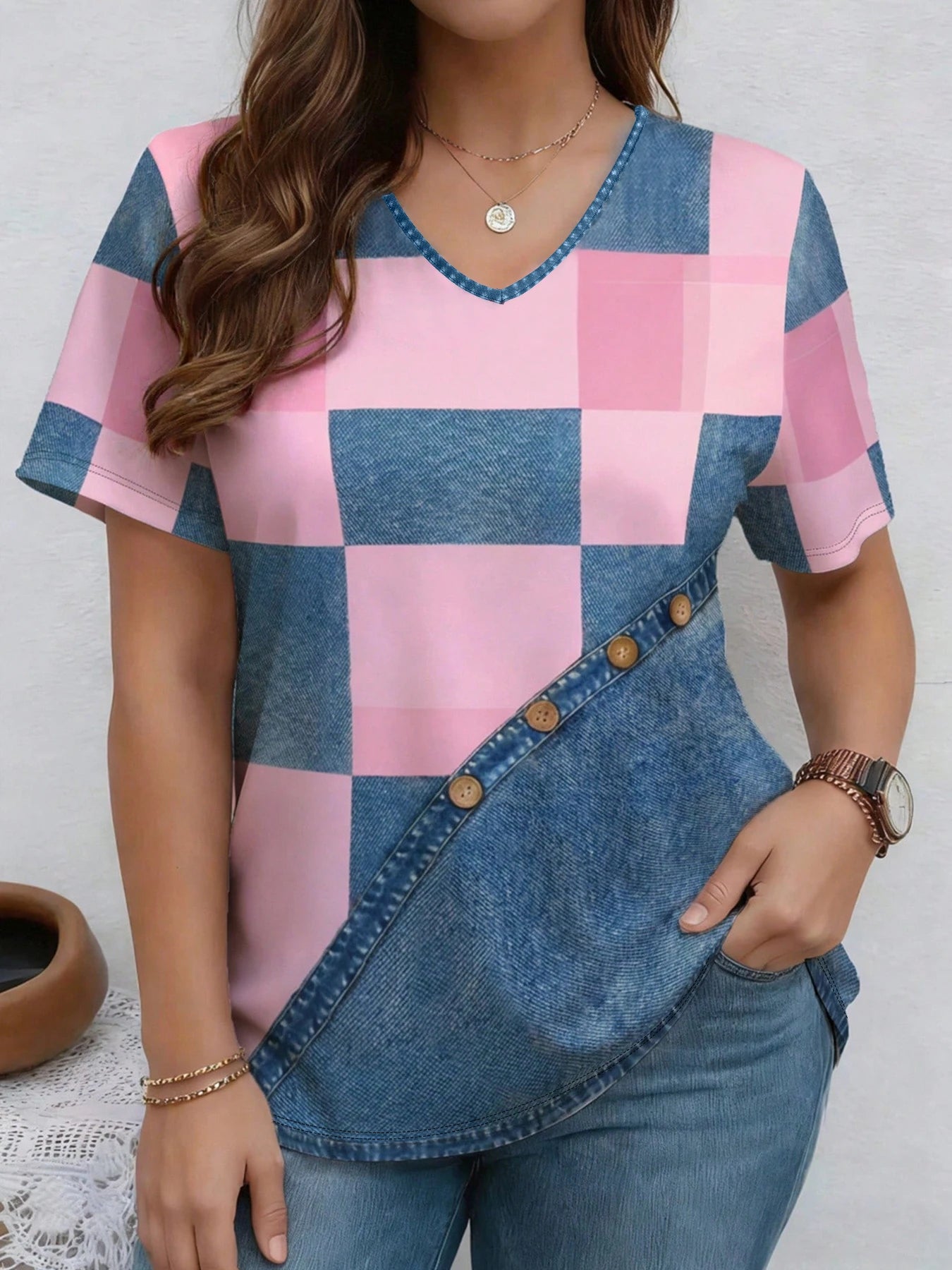 Women’s Denim Print V-Neck Casual T-Shirt