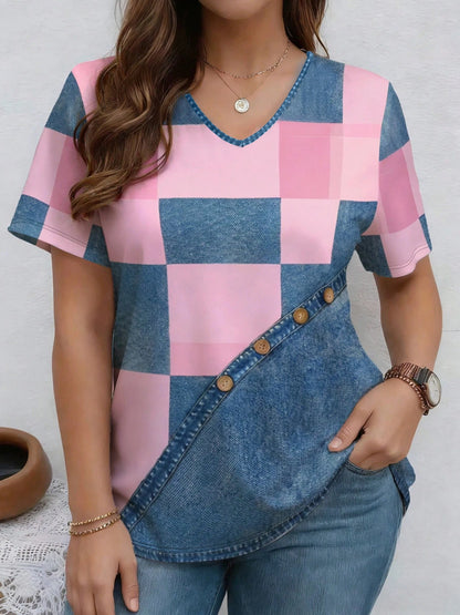 Women’s Denim Print V-Neck Casual T-Shirt