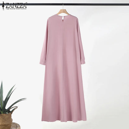 ZANZEA Modest Hijabs Women Pleated Long Dresses Casual O-Neck Long Sleeve Loose Maxi Dress Abaya Robes Woman Muslim Clothes 3XL