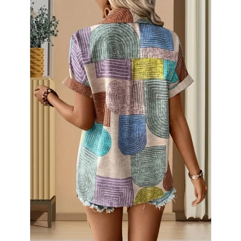 Plus Size Printed V-Neck Button T-Shirt Top