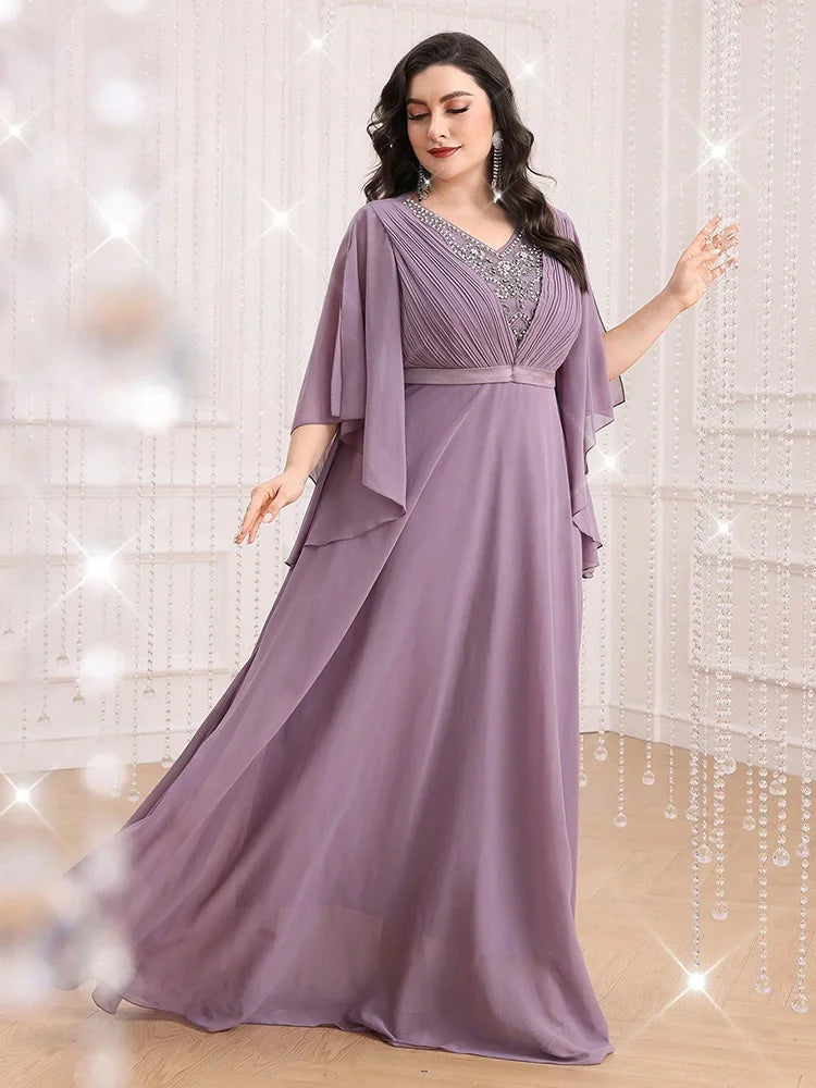 TOLEEN Plus Size Rhinestone Split Sleeve Party Dress