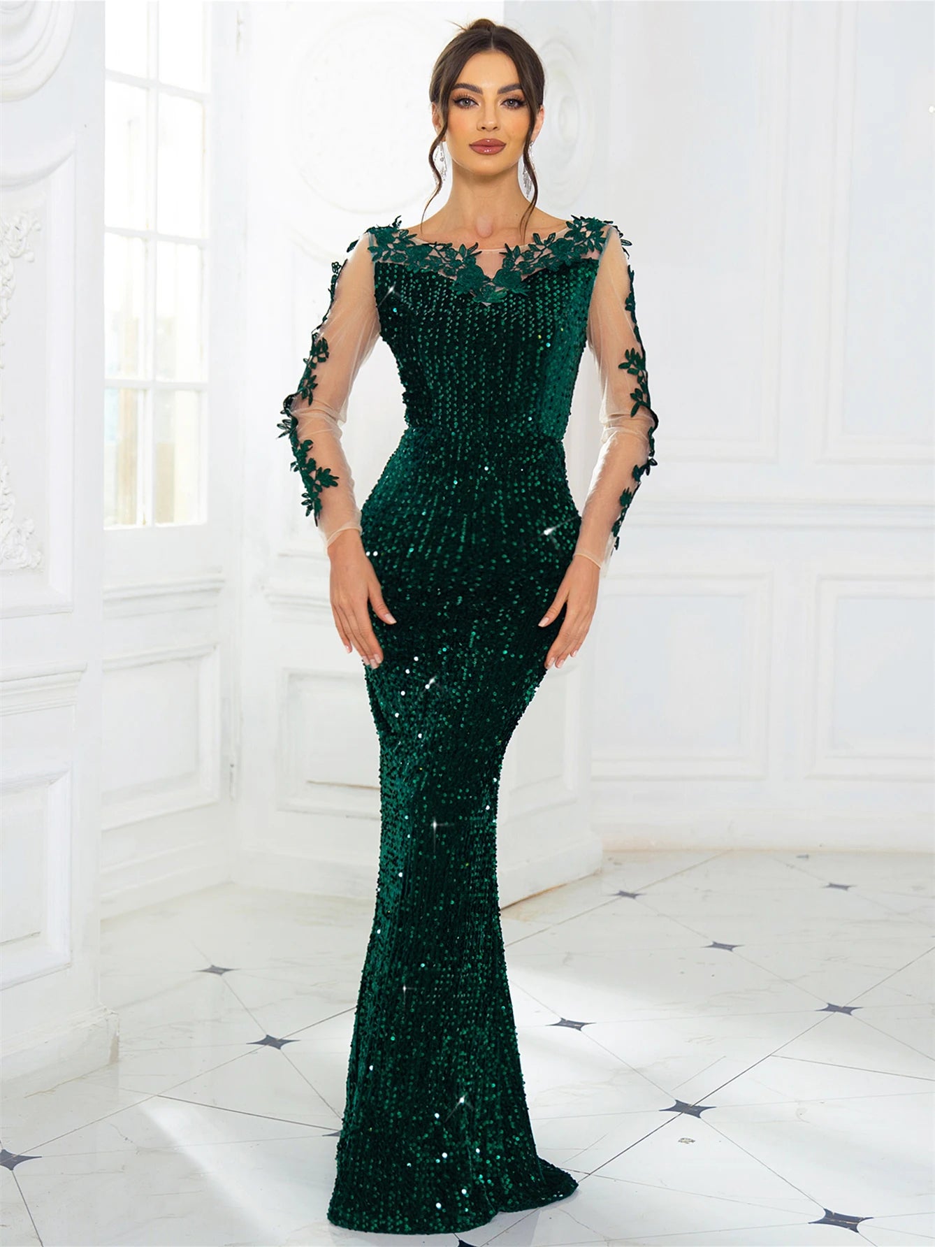 Romagic Floral Sequin Backless Evening Gown for Women