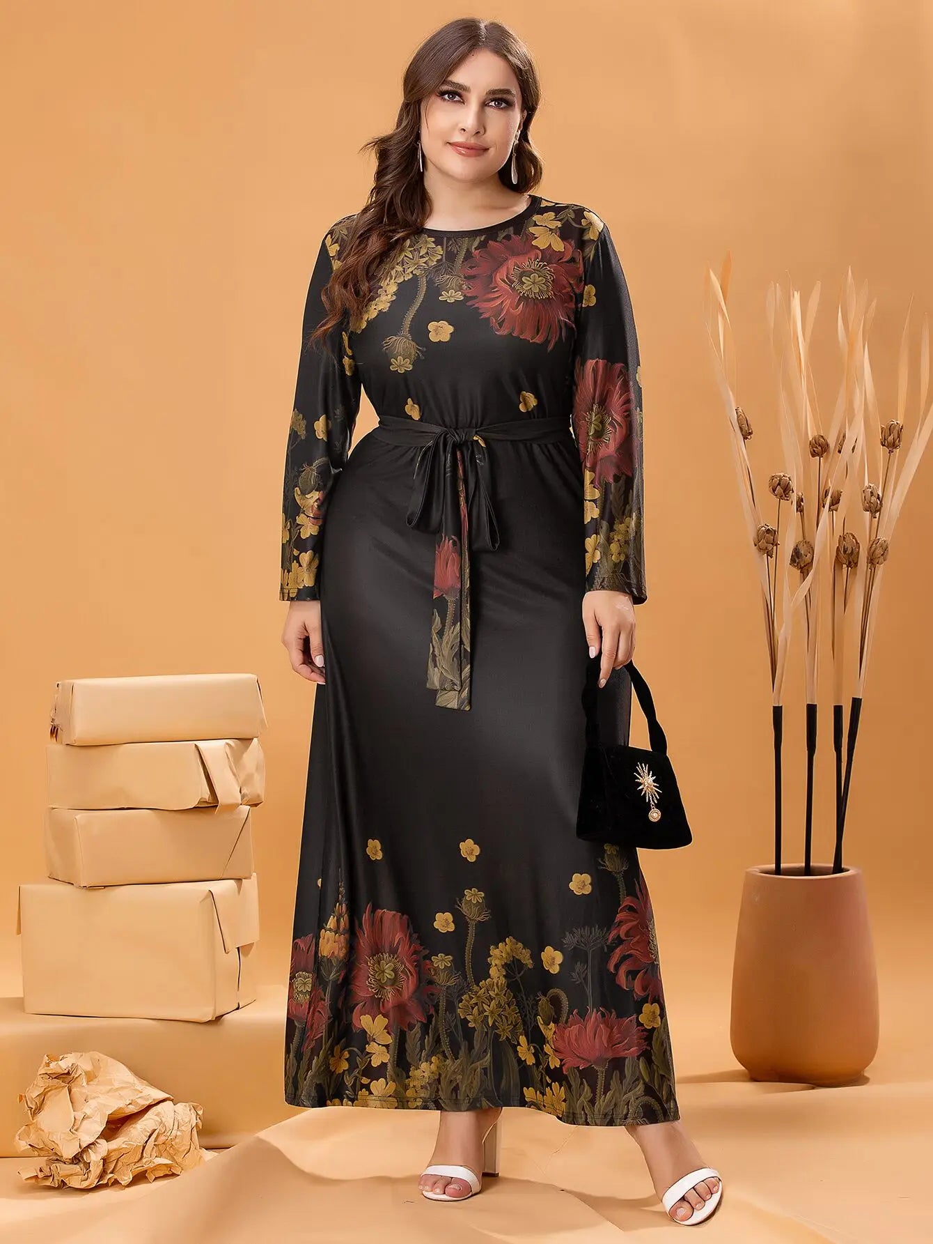 Plus Size Floral Print Long Sleeve Maxi Dress