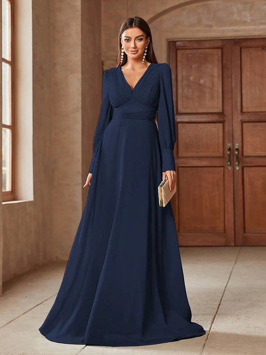 TOLEEN Elegant V-Neck Long Sleeve Maxi Dress