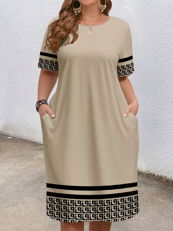 Plus Size Geometric Ethnic Print Pocket Dress