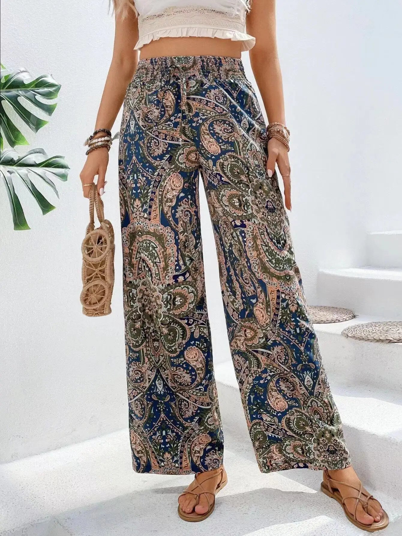 Women’s Vintage Print High-Waisted Wide Leg Pants
