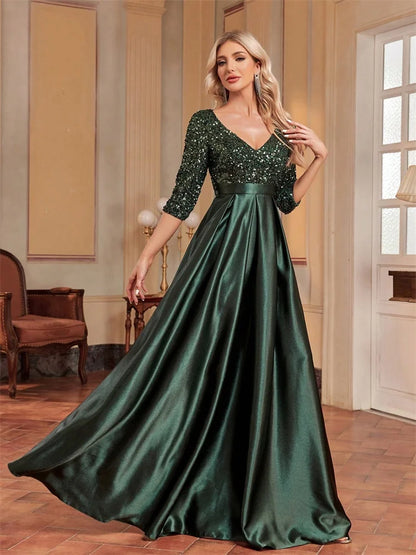 Elegant Green Sequin Satin Evening Gown for Women