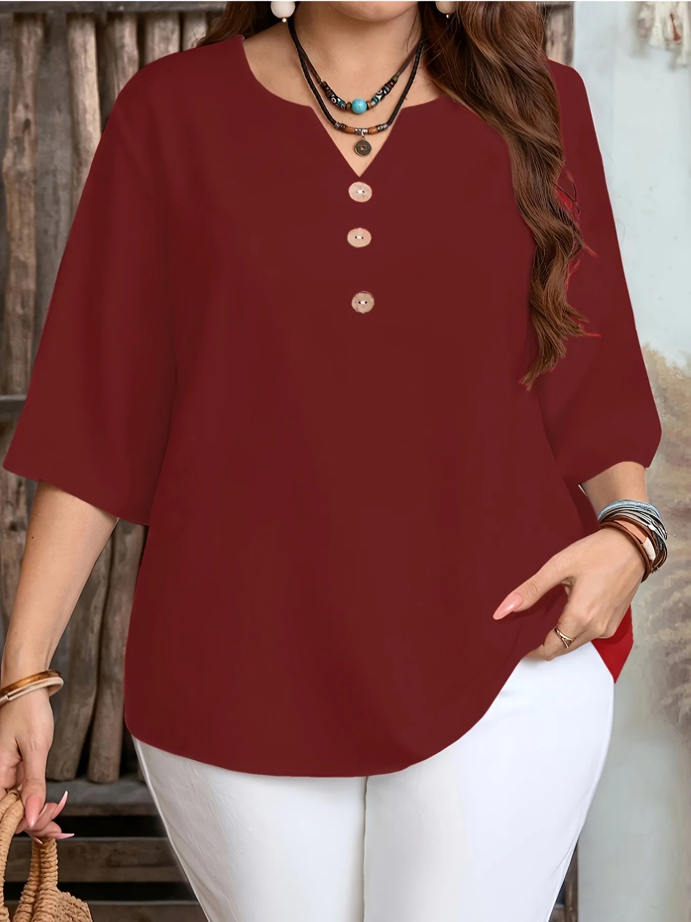 Plus Size Solid Color V-Neck Casual Top