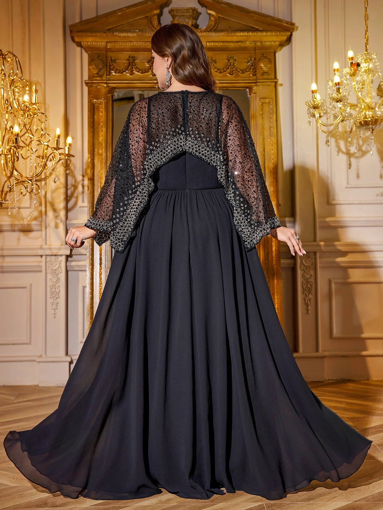 UNITHORSE Plus Size Cape Sleeve Sequin Chiffon Dress