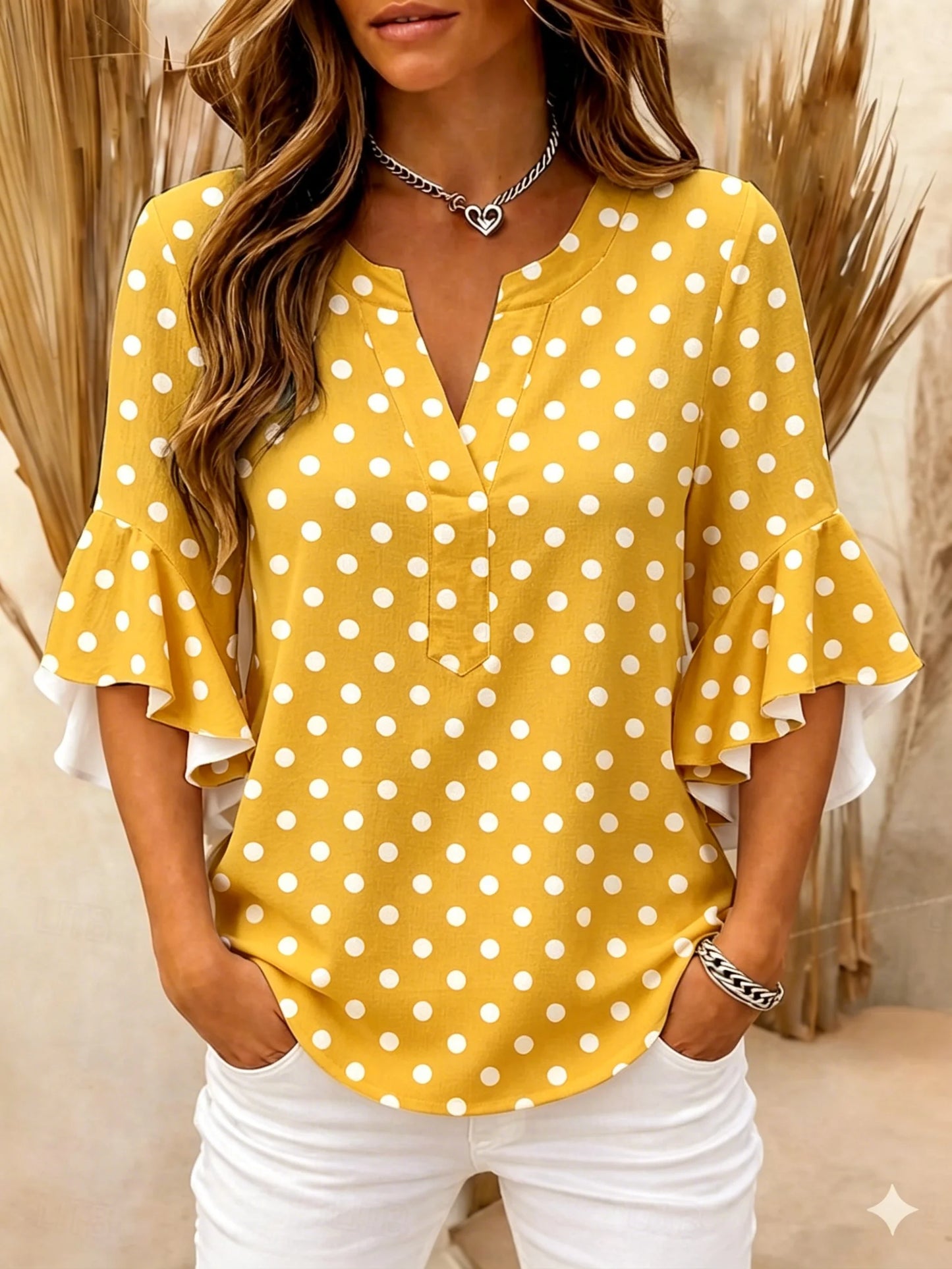 Women’s Polka Dot Ruffle Sleeve V-Neck Blouse