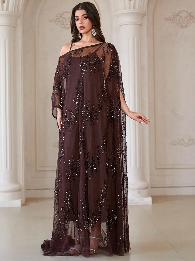 TOLEEN Sequin Ruffle Batwing Sleeve Robe Dress