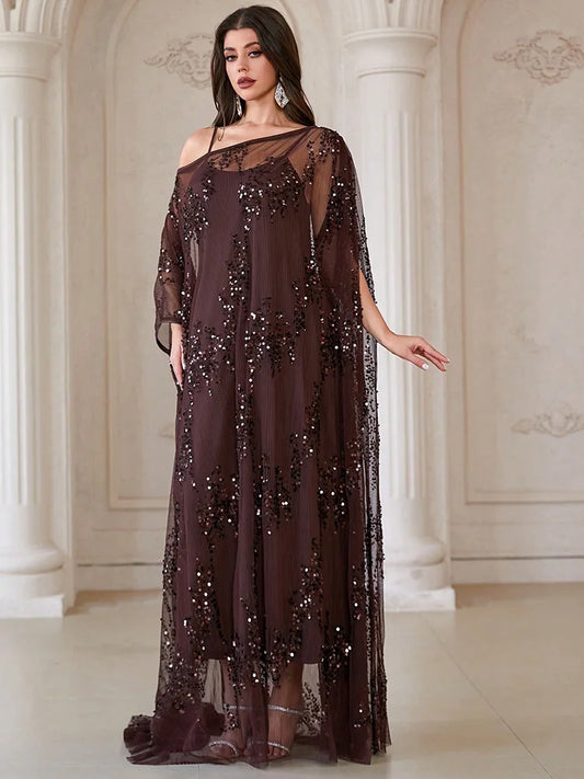 TOLEEN Sequin Ruffle Batwing Sleeve Robe Dress