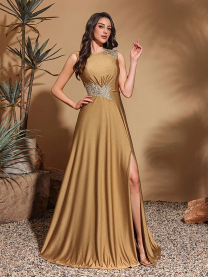 Asymmetrical Appliqué Sleeveless Slit Back Evening Gown for Women