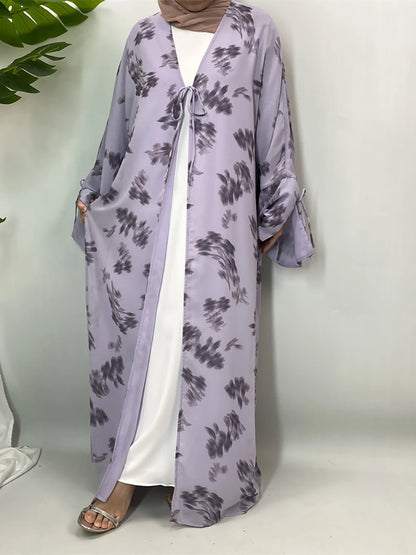 Women's Floral Print Chiffon Open Abaya Kimono